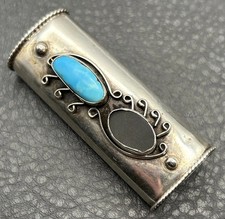 Old Southwestern Turquoise Onyx Sterling Silver Lighter Holder Case Cover picture