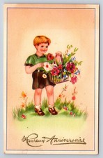 Vintage Heureux Anniversaire Postcard Boy with Flower Basket Belgium picture