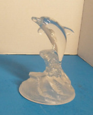 VTG Solid Glass Jumping Dolphin Figurine Clear On Frosted Wave Base Statue 6 1/4 picture