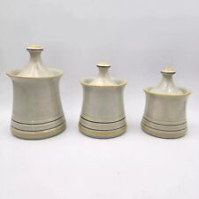 Vintage Whimsical  6 Pc Stoneware China 3 Canister Set Yellow & Brown Stripes  picture