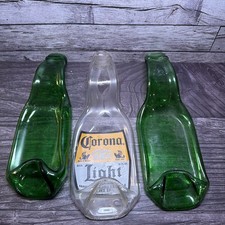 Lot of 3 Melted Beer Bottle Spoon Rests Corona Light Green Glass Bar Decor Vtg picture