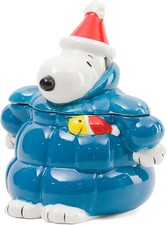 Peanuts Snoopy Woodstock Ceramic Blue Puffer Jacket Cookie Jar Canister, New picture