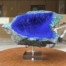 Blue Azurite Specimen with Needle Crystals on Stand - Unique Mineral Rock picture