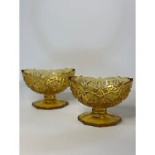 VTG Kemple Wheaton Amber Glass Candle Holder 1960's Pair Set Toltec Pattern picture