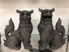 SHISA Shishi Ornament Earthenware Talisman Figurine Pair Lion Okinawa Japan picture