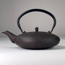Signed Oigen Nambu Tekki Cast Iron Tetsubin Teapot Kettle Japan Flat Hiragata picture