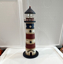 Pier 1 Nautical Lighthouse Figurine Hand Painted Wood 14 in Red White Blue picture