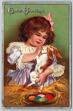 Easter Victorian Girl Holding Rabbit Nest W/ Easter Eggs Postcard Ser. # 12 picture