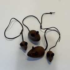 Vintage Teak Miniature 50's Wooden Mice Leather Ears Tails (Family of 4) MCM picture