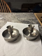 Pair Pewter Chamberstick Candle Holders Vintage Style Metal picture