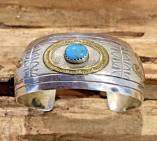 VTG Native American Navajo Sterling GF Turquoise Bracelet signed VR IHMSS 26.1G picture
