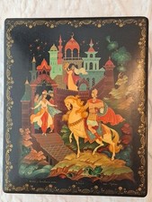 Antique Russian Handpainted Fairytale Hinged Box Black Red Laquer  picture