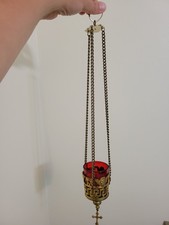 Vtg Greek Orthodox Hanging Vigil Lamp Red Glass Gold Chain Angel Butterfly 18