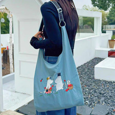 Moomin Characters Apple Picking Embroidered Blue Tote Bag Shopping Sling Bag picture