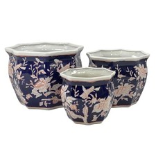 Galt International Blue Pink Floral Porcelain Planter Set of 3 Garden Pots, 10