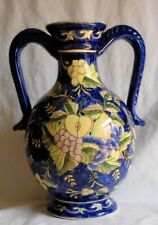 Beautiful Vintage Blue Fruit Floral Porcelain Vase Jug Three Hands Corp 2 Handle picture