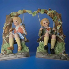 Vintage Lenwile Ardalt Porcelain Boy and Girl on Tree Swing Figurines Pair 9” picture