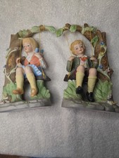 Vintage Lenwile Ardalt Porcelain Boy and Girl on Tree Swing Figurines Pair 9” picture