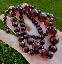 Vintage Cherry Amber Bakelite Faceted Bead Necklace Simichrome Tested 50g 28” picture