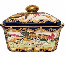 Mid 20th Century Porcelain Hunt Scene Horses Dalmatians Dogs Dresser Box picture