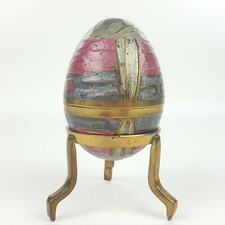 Vintage Decorative Enamel Brass Egg Trinket Box Container w/ Tripod Stand India picture