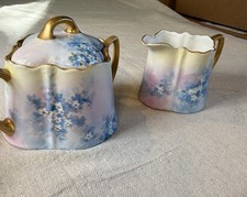 Antique KPM Germany Porcelain Sugar Bowl Creamer Set Hand Painted Floral Signed picture