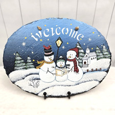 Vintage Oval Slate Snowman Carolers Hand Painted Wall Hanger Snow Church Family picture