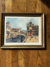 Vintage MCM Art Print Gold Frame Place at Venice midcentury decor Italy painting picture