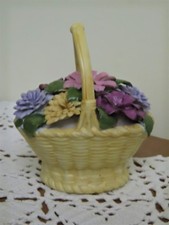 Hand Crafted & Painted Colorful Porcelain Floral Bouquet Cream Basket AVON 1980 picture