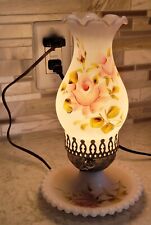 Vintage Milk Glass Hand Painted Pink Roses Electric Hurricane Lamp 10.5