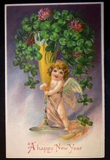 ~New Year Angel with Clovers~~Champagne Glass~Antique Postcard~s936 picture