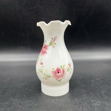 Vtg Hand Painted Milk Glass Pink Rose Ruffle Rim Chimney 7” T, 2 7/8” Base picture