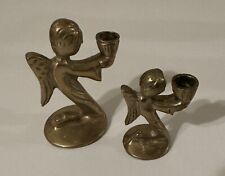 Vintage Lot Of 2 Solid Brass Miniature Angel Kneeling Offering Figurine Tapers picture