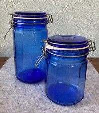 Vintage Cobalt Blue Glass 12 Panel Wire Bale Canister Jars Set of 2 picture