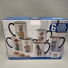 Hipster Animal Coffee Mugs 6 Pc Set 17.5 Oz. Stoneware By Signature - NOB picture