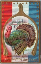 Vintage 1910s THANKSGIVING GREETINGS Embossed Postcard Turkey / Gold Wishbone picture