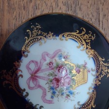 Limoges Castel France 22K Gold Trinket Box Lid Black Floral Ribbon Design picture