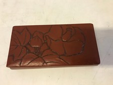 Vintage Antique Asian Red Lacquered Rectangle Box w/ Flowers Decoration picture