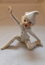 Vtg White Pixie Ceramic Elf Sitting Figurine with Rhinestone 3.75
