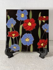 Vintage Besheer Art Tile Black with Red & Blue Flowers 6” Hand Painted picture