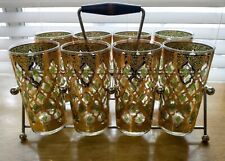MCM 22k Gold Valencia Pattern Highball Glasses by Culver, Set of 8 w/ Caddy picture