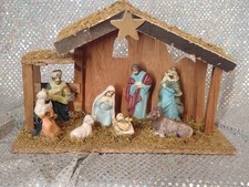 Nativity Hand Painted Ceramic  -8 Pieces Attached to Wood Manger/Crèche. picture