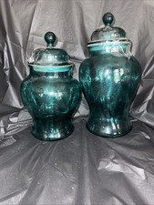 Gorgeous 1960’s Apothecary Jars Dimpled Teal Glass. Set of 2 Excellent Condition picture