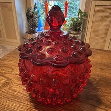 RARE Vintage FENTON Ruby Red Amberina Hobnail Covered Candy Dish picture