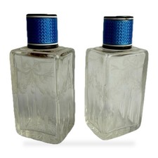 Pair Antique French Silver Blue Guilloche Enamel Cut Glass Scent Perfume Bottles picture