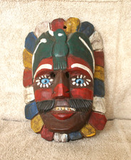 Vintage Hand Carved Mexican Folk Art Mask – Bird Motif, Multicolor Petal Border, picture