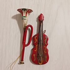 Vintage Christmas Lot Of 2  Painted Tin Metal Horn Stringed Instrument Ornament  picture