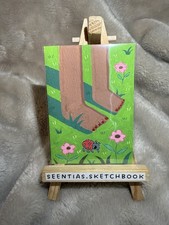 OOAK ACEO - Grass Ladybug Brown Girl - Nature - Mixed Media - Original Art picture