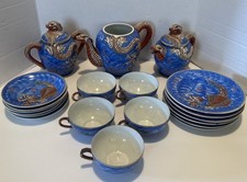 Incomplete Vintage Handmade Porcelain Dragon Teapot Set Blue 22 Piece Set picture