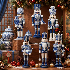 6 Pcs Wooden Nutcracker, Blue and White Christmas Decor, 5.9'' picture